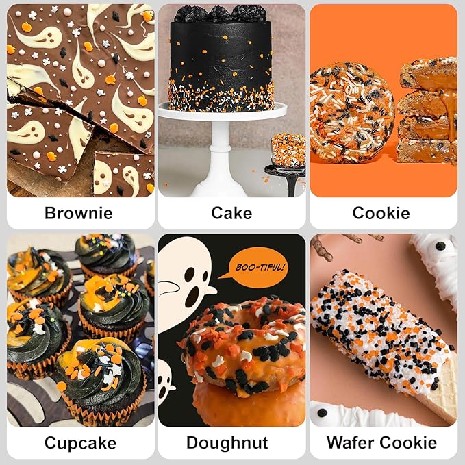 HUEBEATY 6-in-1 Halloween Sprinkles Set – 180g Edible Fall Thanksgiving Pumpkin, Ghost & Bat Confetti Mix with Black & Orange Sugar Crystals, Nonpareils & Jimmies – Spooky Cupcakes, Cookies & Cakes Decorating Toppings