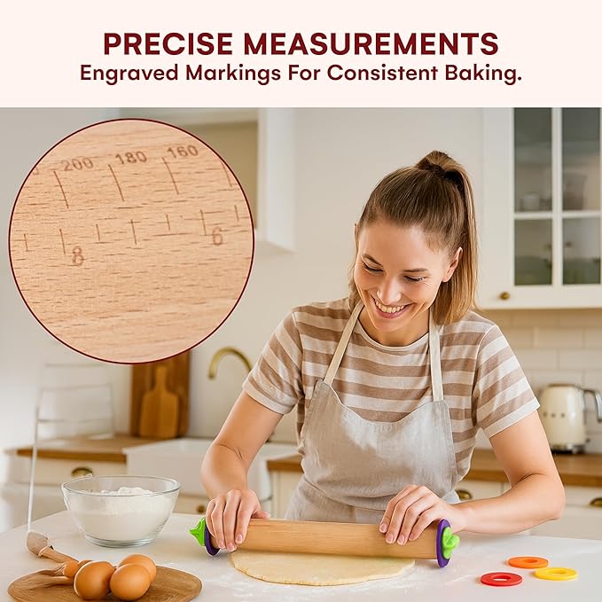 Kitchtic Adjustable Rolling Pin with Removable Rings - Precision Baking and Cookie Dough Rolling Pin with Thickness Measuring Rings for Perfectly Rolled Dough - Multi-Color - 16.9''x2.5''x2.5''