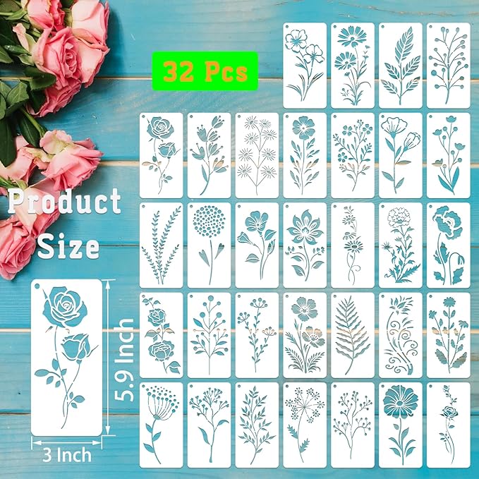 32 Pcs Wildflower Stencils for Painting on Wood, Reusable Flower Leaf Stencils Plastic DIY Craft Drawing Templates Set for Wall Paper Canvas Home Decor