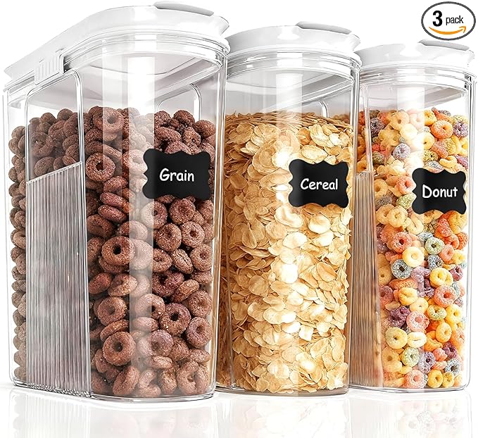 Cereal Containers Storage, 3 PCS PET Airtight Food Storage Containers With Lids (4L/135.2oz) For Kitchen Pantry Cabinet Organization, Plastic Clear BPA-Free Canister Set For Dry Food Flour Sugar Rice