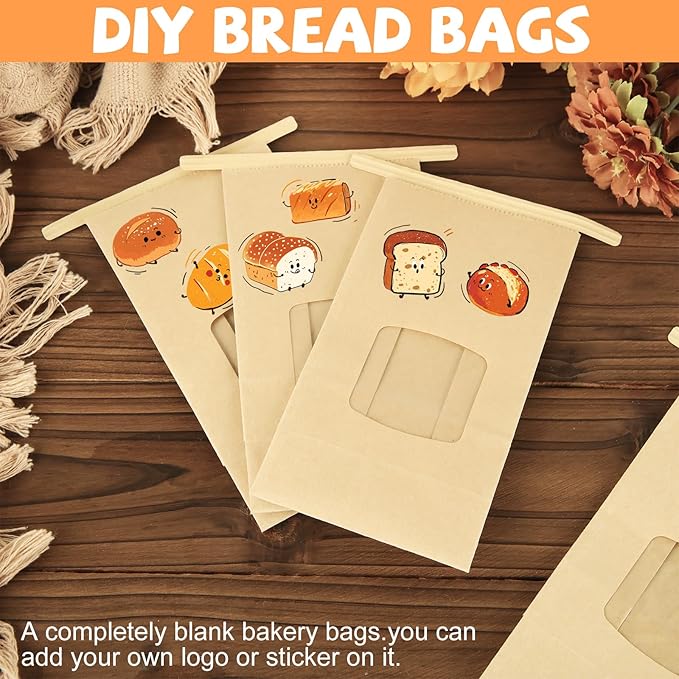 QTLCOHD 150 Pcs Small Bakery Bags with Window 3.54 x 2.36 x 6.7 Brown Tin Tie Tab Lock Kraft Paper Bread Bags for Cookies, Treat, Coffee, Pastry