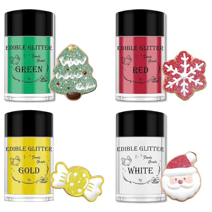 Christmas Edible Glitter 4 Color Set - Holiday Red, Green, Gold & White Sparkle Luster Dust for Baking, Cake Decorating, Christmas Crafts - 5g/Bottles