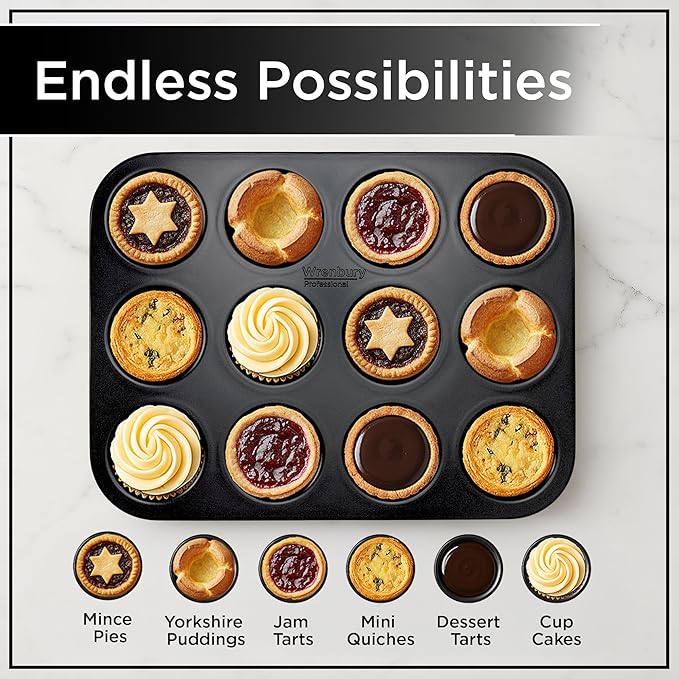 Wrenbury Pro 12 Cup Mince Pie Tin – Carbon Steel Mincemeat Baking Tray - Non Stick Shallow Muffin Pan for Patty Cakes and Jam Tarts