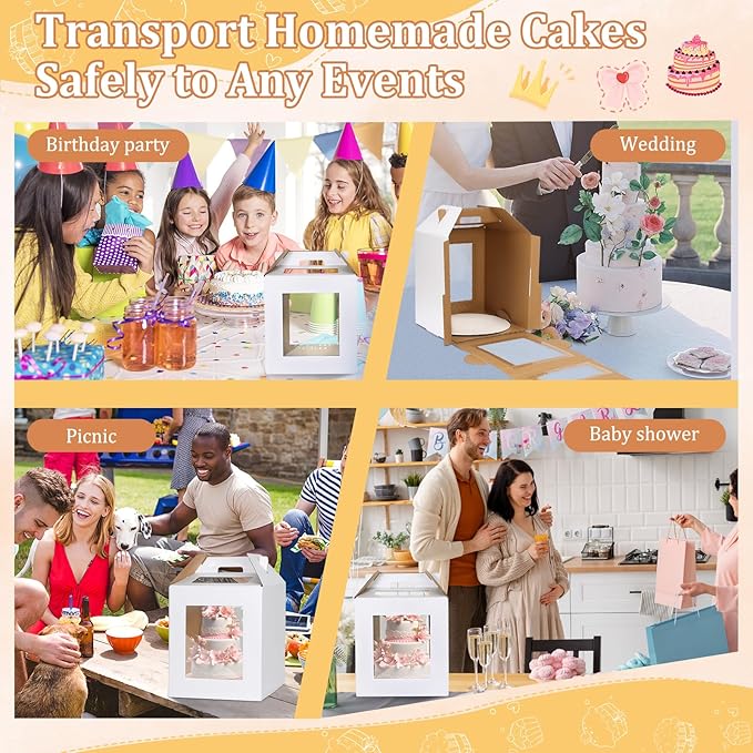 3 Pack Tall Cake Box for Tier Cake with Cake Board, 12 x 12 x 14 Inch Large Tiered Cake Carriers with Clear Windows & Handle, Disposable Bakery Take Out Transport Container for Birthday Wedding Party