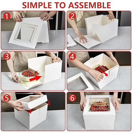 23Pcs Cake Boxes with Boards 10x10x8 Inch-(10 Boxes &10 Boards,3 Cupcake Box)&80 Stickers-Square Large White Bakery Boxes with Window for Cookies- Cake Decorating Supplies