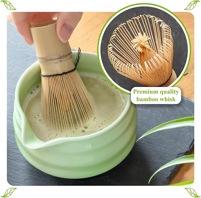 Matcha Whisk Set- Matcha Set includes Matcha Whisk and Bowl with Spout, Sifter, Holder and Scoop- The Perfect Bamboo Whisk for Matcha Tea (Green)