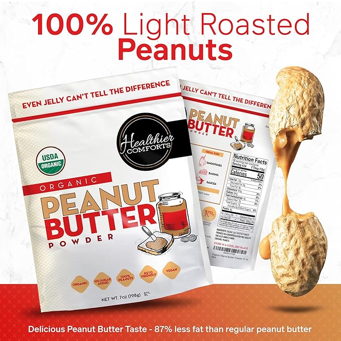 Healthier Comforts Organic Peanut Butter Powder | USA Grown and Processed | Gluten Free, Vegan, Kosher, Keto-Friendly | No Added Sugars, Low Sodium | Perfect For Protein Powder Shakes, Smoothies and Baking (21 oz)