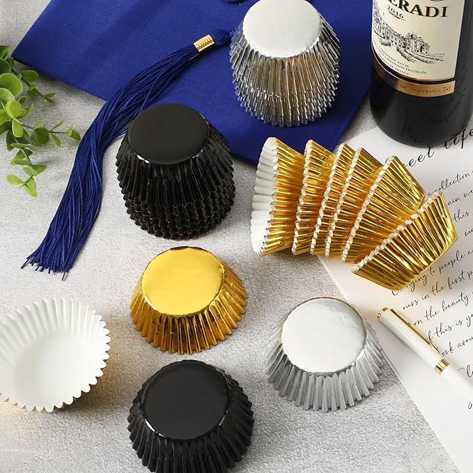 SANNIX 450Pcs Graduation Foil Cupcake Liners Black Gold Silver Cupcake Wrappers Foil Metallic Muffin Liners Baking Cups for Graduation Birthday New Year Party Decorations Supplies