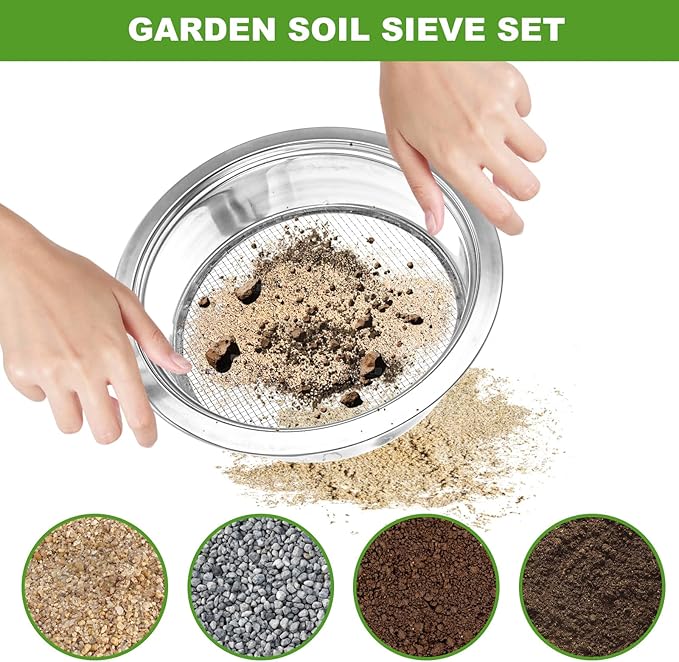 Soil Sifter for Gardening Stainless Steel Soil Sifting Pan Round Sifter for Rocks with 1,3,6,9,12mm Sieve Mesh Bonsai Soils Scoops and Garden Mat Set Garden Sieve Soils Sifters for Gravel, Sand