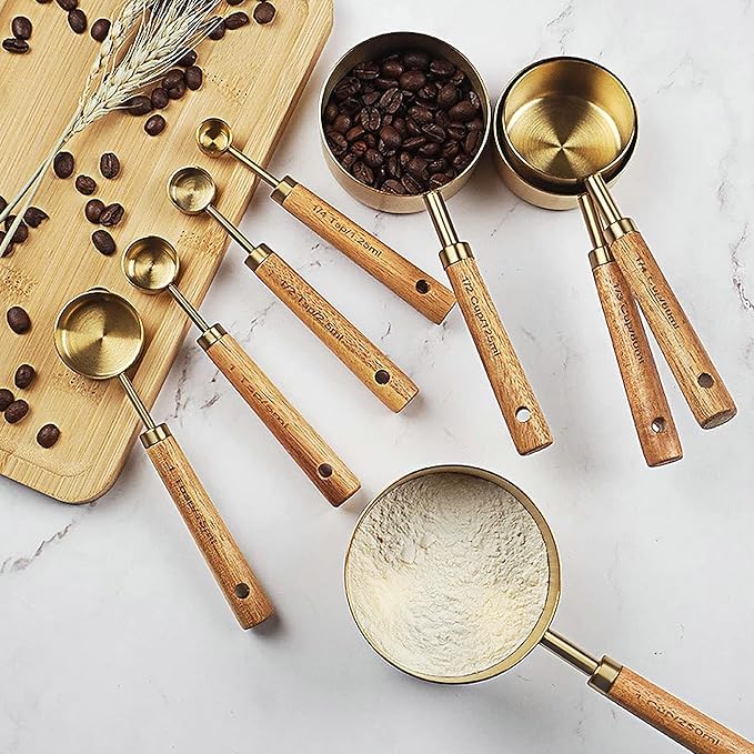 GuDoQi Gold Measuring Cups and Spoons Set of 8, Wood Handle with Metric and US Measurements, Premium Stainless Steel, Golden Polished Finish, Dry & Liquid Measuring Cup for Cooking and Baking