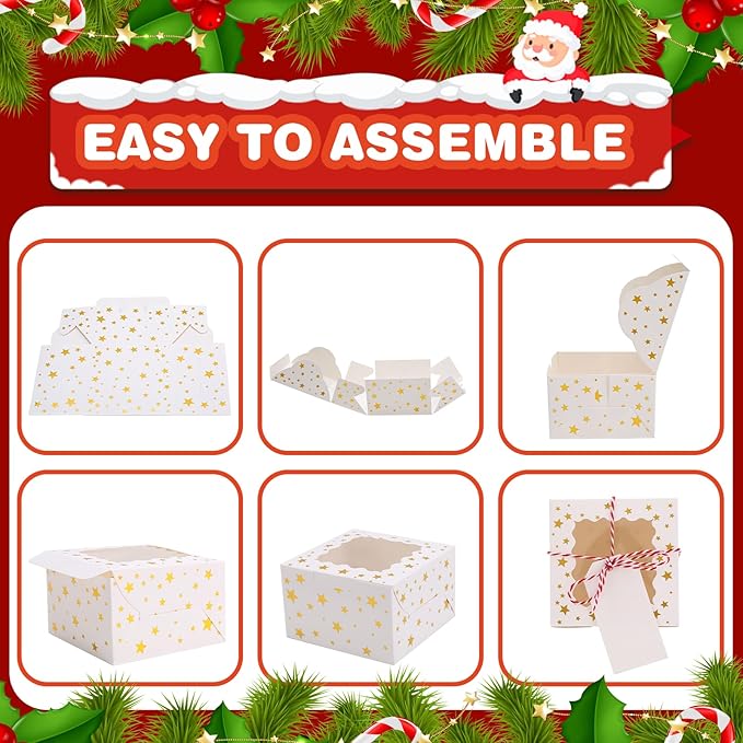 BEVOING 36 Pcs 6x6x3 Inches Christmas Cookie Boxes, White Bakery Boxes with Window Gold Foil Star 6 Inch Mini Cake boxes Small Treat Boxes for Cookies Pastry Dessert Cupcakes Candy Donut Packaging