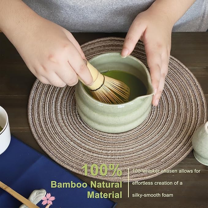 Matcha Whisk Set Mottled Green, Ceramic Matcha Kit Set Christmas Gift Includes Matcha Bowl, Matcha Whisk and Holder, Bamboo Scoop, Scoop Rest, Sifter and Tea Towel - 7 Pcs Matcha Kit for Lovers