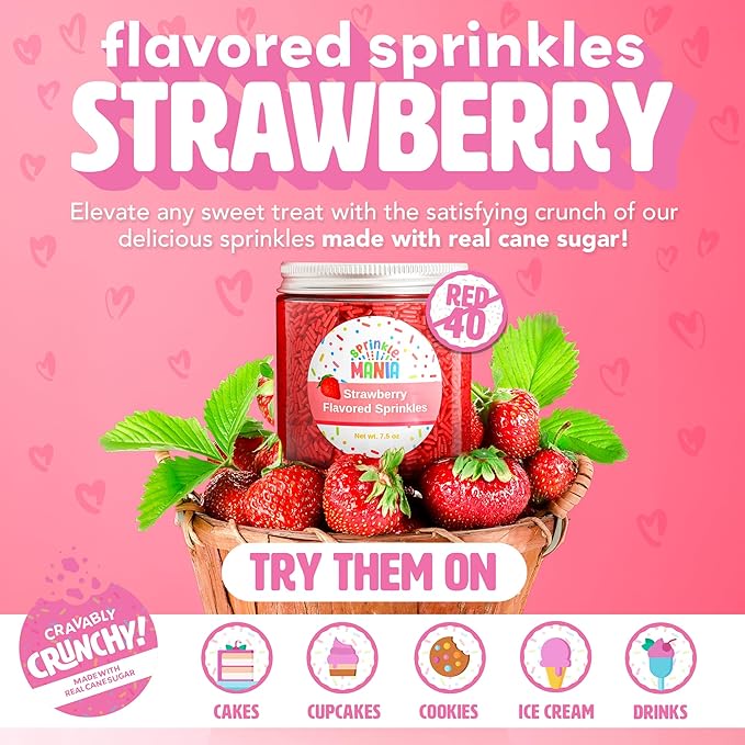 Flavored Strawberry Sprinkles for Ice Cream Drinks & Cake - Our Edible Strawberry Sprinkles Taste Just Like Strawberries - Our Flavored Jimmies Use Cane Sugar & Are Free from Red 3 & Red 40 (7.5oz)