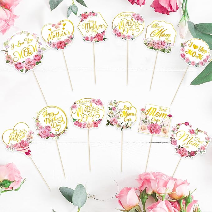 12 Pcs Happy Mothers Day Cupcake Topper, Flower Gold Foil Shape Mother's Day Cake Picks, Best Mom Ever Love You Mom Mother's Day Cake Sticks, Mom Cake Decorations for Mothers Day Party