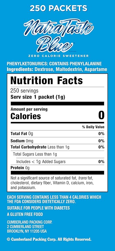 NatraTaste Blue Zero Calorie Sweetener, Bulk Sugar Substitute for Coffee, Iced Tea, Lemonade, Hot & Cold Drinks, Baking, Cooking, Low Carb, Vegan, Sugar Alternative, 250 Packets Value Box (1 pack)