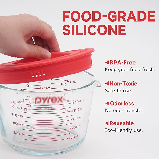 4 Pack Silicone Replacement Lids, Respectively Fits Pyrex 1-Cup, 2-Cup, 4-Cup & 8-Cup Tempered Glass Liquid Measuring Cups, Reusable & Food-Grade, Dishwasher & Microwave Safe (Cups not Included)