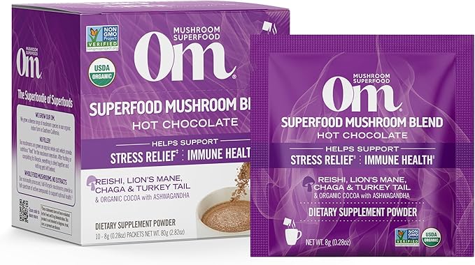 OM MUSHROOM SUPERFOOD Hot Chocolate Blend – Dutch Cocoa Mushroom Powder with Lion’s Mane, Reishi, Chaga & Turkey Tail – Focus, Calm & Stress Support – 2g Sugar, 25 Calories – Single Serve (10 Count)