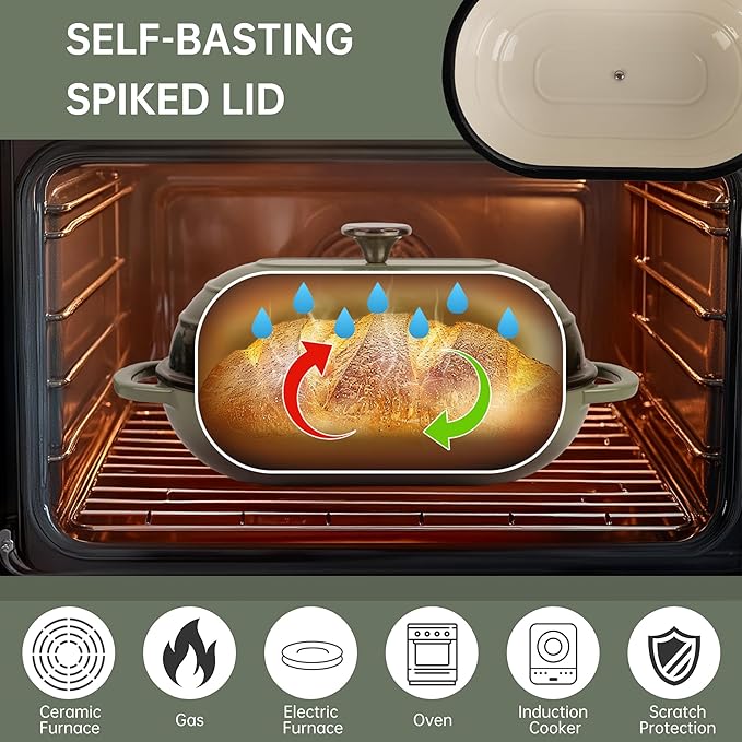 Premium Enameled Cast Iron Dutch Oven for Bread Baking | Non-Stick 5QT Oval Bread Oven with Lid | Perfect for Sourdough, Loaf, and Artisan Baking (Oval Green, 5 QT)