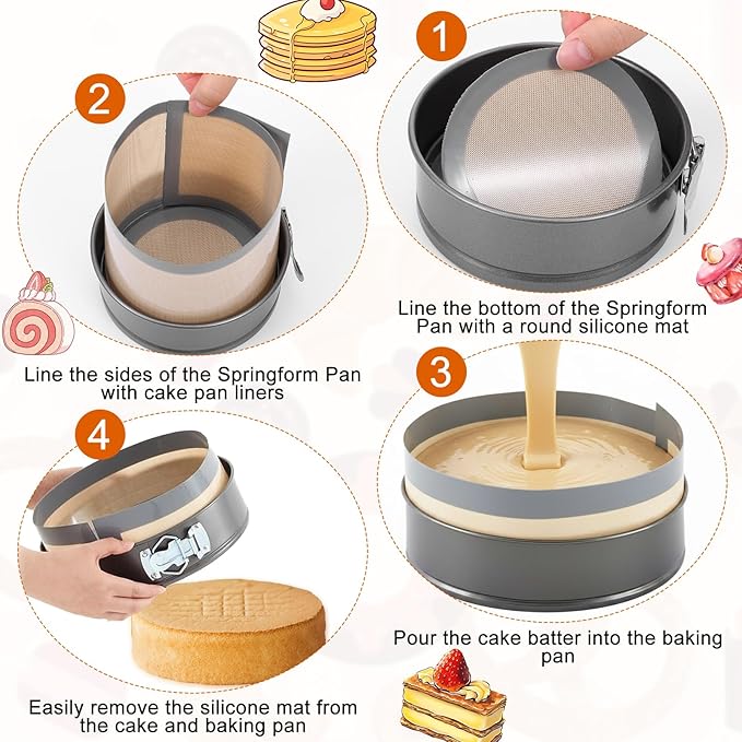 6 Pcs Silicone Baking Mat for 4, 7, 9 Inch Springform Pan Protector Prevent Cake from Sticking to Bottom and Side Easy Clean Nonstick Silicone Liners for Baking Cheesecake Pan