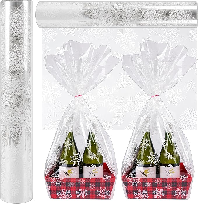 Kolewo4ever 100 Ft X 32 in Christmas Cellophane Wrap Roll Snowflake Clear Wrapping Paper Cellophane Bags Thick Snowflake Wrap Cellophane for Christmas Gift Wrapping (Christmas Snowflake)