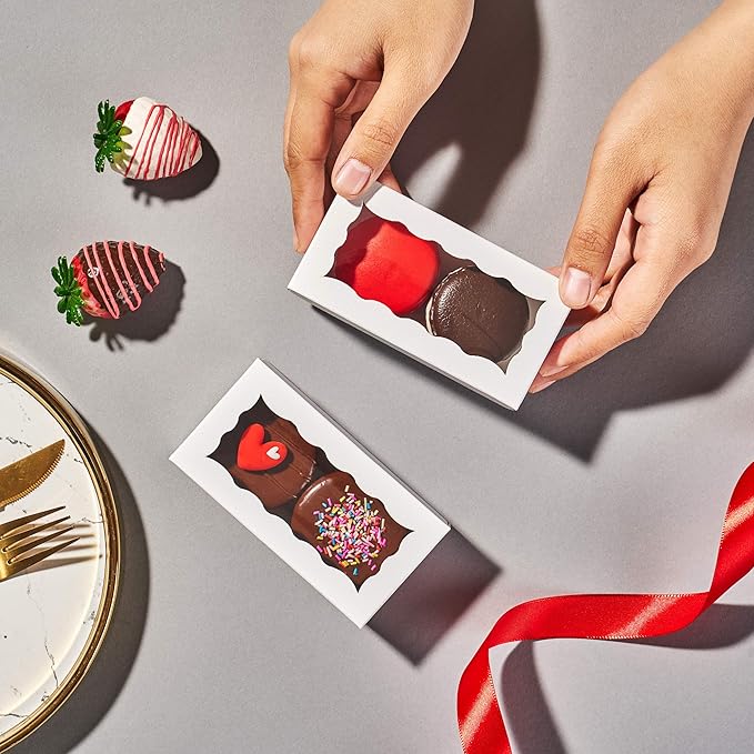 JCXGRVC small treat boxes 100pcs - white candy box with window - 4.17x2.16x1.37 inches - perfect for chocolate, small bakery boxes macaron boxes for 2