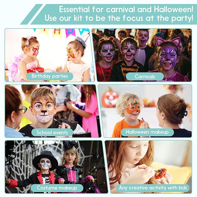 61-Piece Deluxe Face Painting brushes and Stencils Kit - Safe Non-Toxic face paint Stencils Set with 10 Pro Brushes, 8 sponges, 31 Reusable Stencils, 8 Stencils&More - For Carnival, Halloween&Parties
