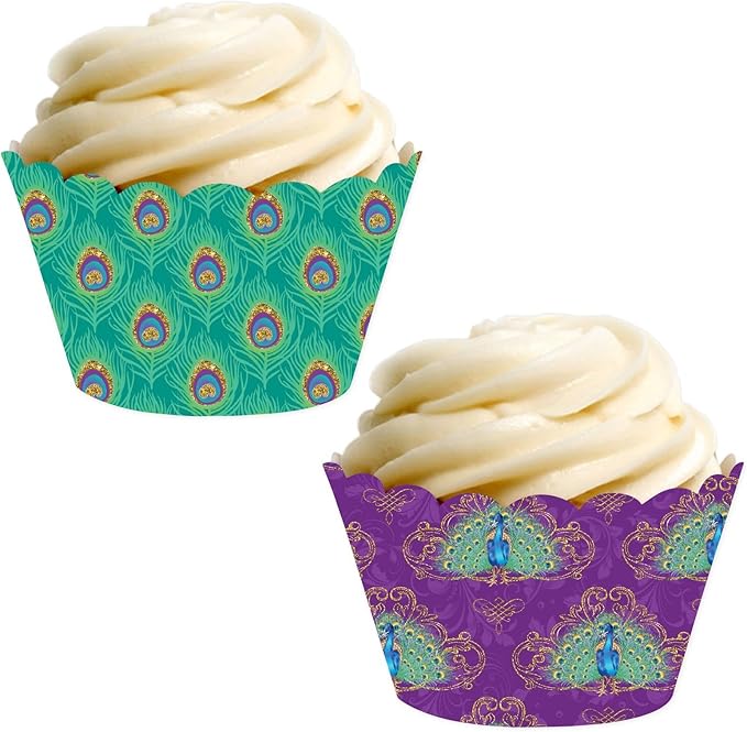 Andaz Press Party Cupcake Wrapper Decorations, Purple and Aqua Peacock Feathers, 24-Pack, Theme Colored Bulk Cake Supplies