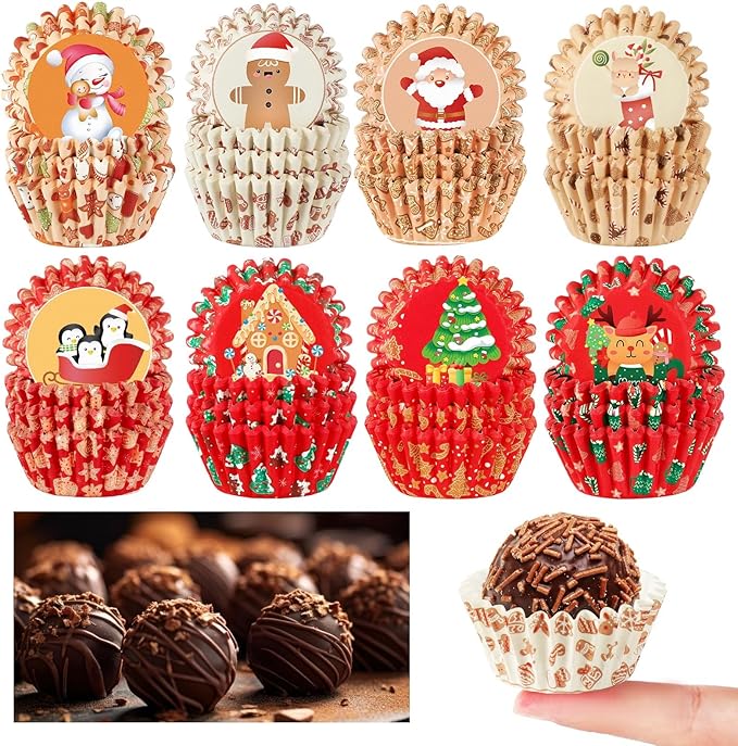 AUGSUN 800pcs Christmas Cupcake Liners Paper Candy Cups Santa Elk Snowman Gingerbread House Mini Muffin Liners for Xmas Holiday Party Cake Candy Truffles Chocolate Making Supplies (8 Designs)
