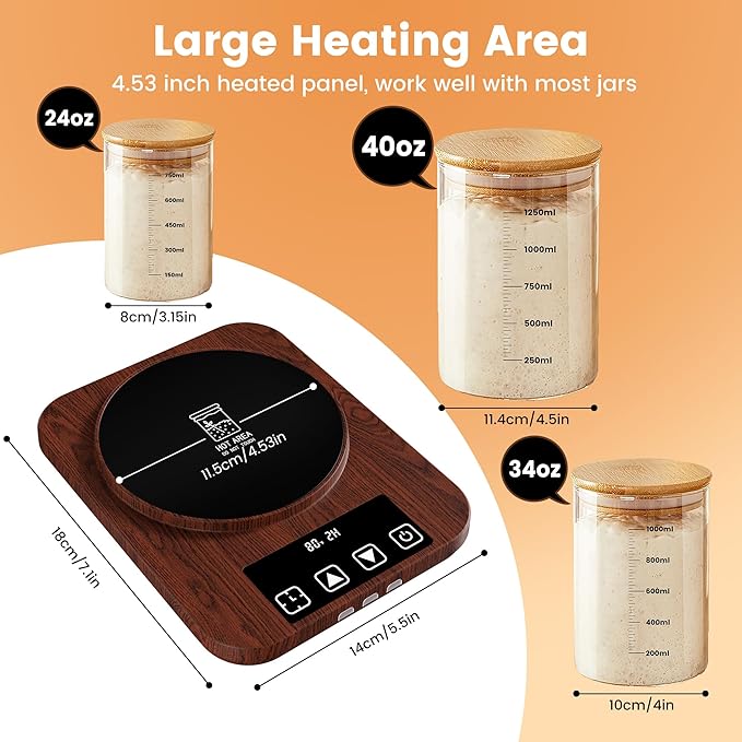 Sourdough Starter Warmer, Precise Thermostat Control (70-100°F) Sourdough Warming Mat for Kitchen, Auto On/Off, 0-12 Hours Timer, Fits Jars Up to 40oz, Perfect for Home Baking