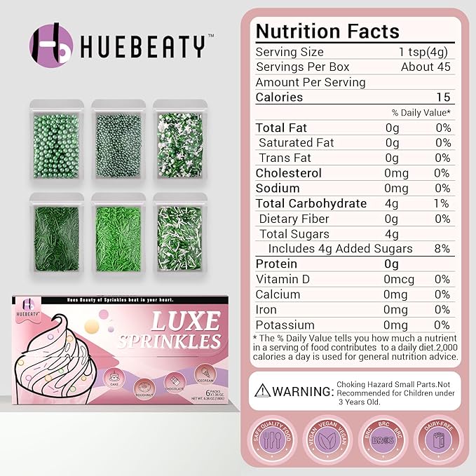 HUEBEATY 6-in-1 Green Sprinkles for Cakes, Cupcakes & Cookies Decorating – 180g Edible Jimmies & Pearls Mix – Football Sprinkles, Eagles, Minecraft, Jungle, Dinosaur, St. Patrick’s Day & Spring Cake Decorations