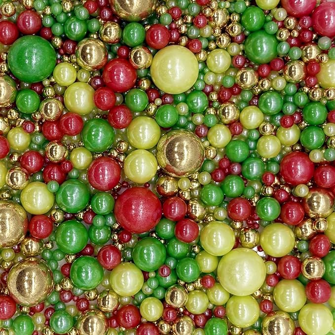 Edible Christmas Mixed Colour Sugar Pearls Sprinkles Candy Mix Size Pearls Cake Decorations Cupcake Toppers Decorating Perfect for Wedding Party Valentine Christmas Supplies 4.58OZ