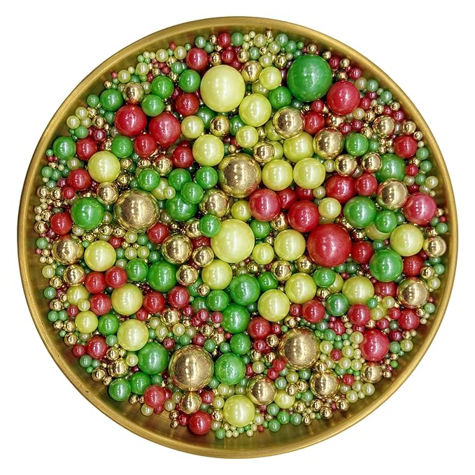 Edible Christmas Mixed Colour Sugar Pearls Sprinkles Candy Mix Size Pearls Cake Decorations Cupcake Toppers Decorating Perfect for Wedding Party Valentine Christmas Supplies 4.58OZ
