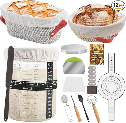 Sourdough Starter Kit, Sourdough Bread Baking Supplies with with 40oz Jar, 10" & 11" Cotton Banneton Proofing Baskets Set - Artisan Bread Tools, Silicone Sling for Homemade Sourdough Baking