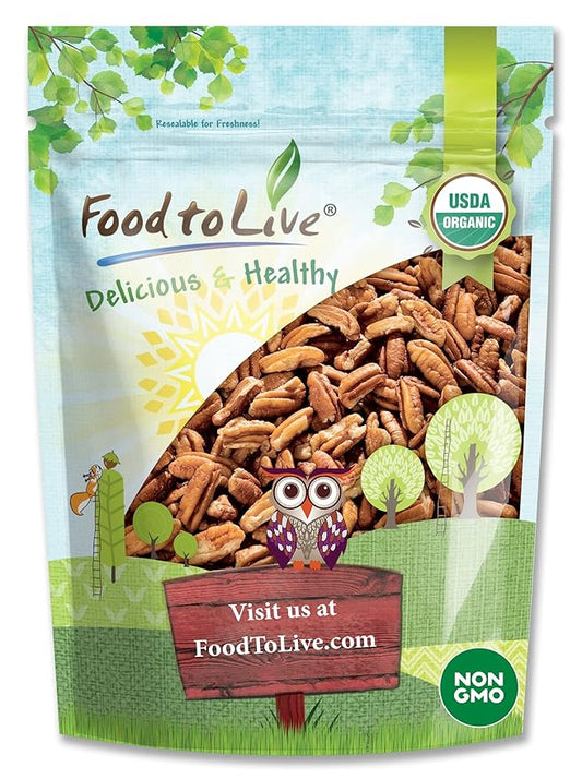 Food to Live Organic Pecan Pieces, 3 Pounds Raw, Chopped Pecans, Non-GMO, Unsalted, Unroasted, Kosher, Shelled, Kosher, Vegan, Sirtfood, Bulk. Keto-Friendly. Good Source of Iron, and Calcium.