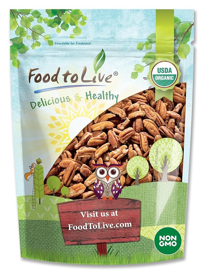 Food to Live Organic Pecan Pieces, 12 Ounces Raw, Chopped Pecans, Non-GMO, Unsalted, Unroasted, Kosher, Shelled, Kosher, Vegan, Sirtfood, Bulk. Keto-Friendly. Good Source of Iron, and Calcium.
