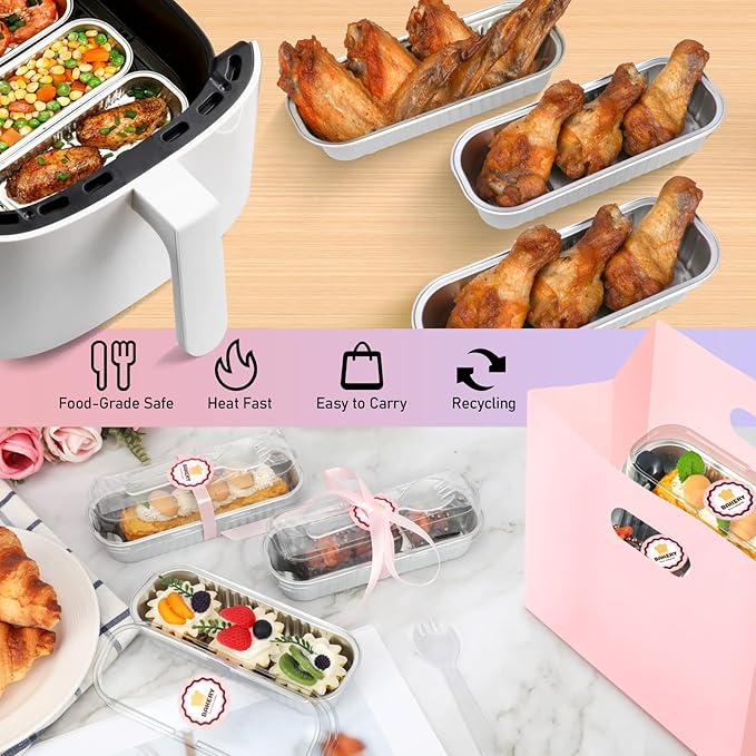 OcePor 50 Pack Mini Loaf Pans With Lids，Mini Cake Pans With Lids and Spoons，6.8oz Bread Loaf Pans Disposable，Small Aluminum Cake Tins,Baking Pans Individual (White)