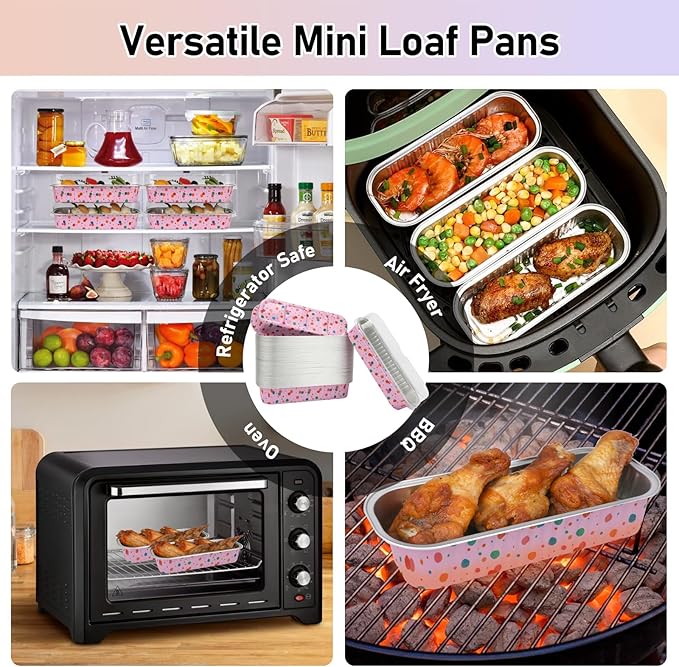 OcePor 100 Pack Mini Loaf Pans With Lids，Mini Cake Pans With Lids and Spoons，6.8oz Bread Loaf Pans Disposable，Small Aluminum Cake Tins,Baking Pans Individual (Colorful Polka Dot Powder)
