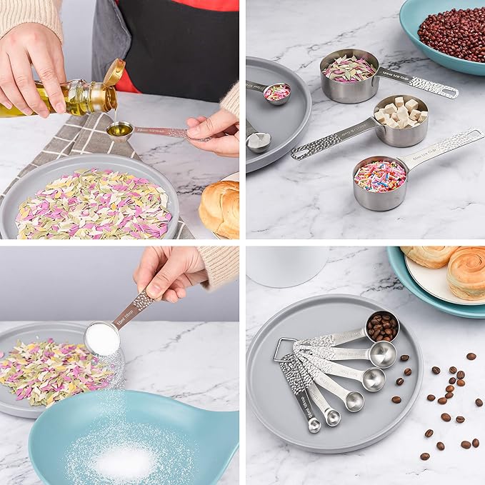 Measuring Cups and Spoons Set 14, Stainless Steel Measuring Cups and Spoons set for Baking & Kitchen, 5 Metric & US Measuring Cups and 6 Measuring Spoons,1Leveler and 2Rings for Dry & Liquid