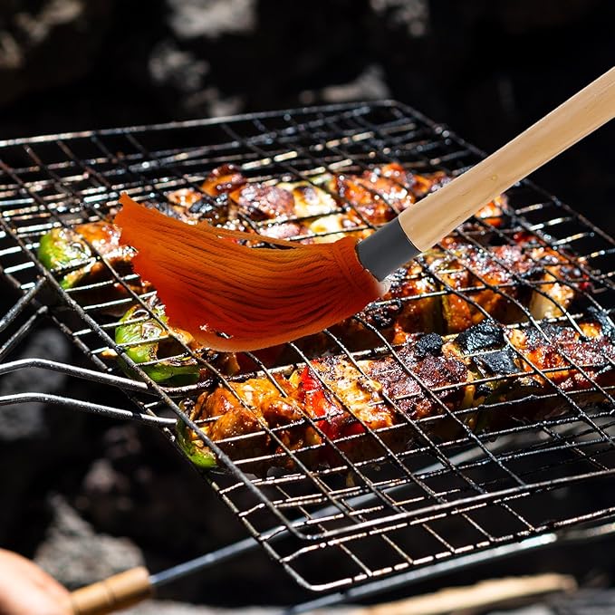 18“ BBQ Mop Brush Set - 4Pcs Grilling Basting Mop with 12Pcs Replacement Heads - Wooden Long Handle BBQ Mop for Basting Steak Marinade Sauce