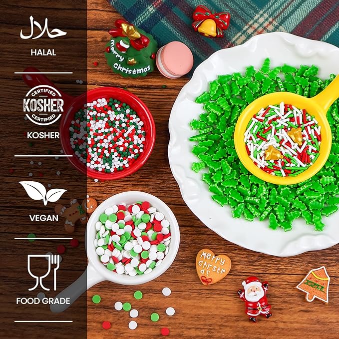 Christmas Sprinkles for Cake Decorating, Red, White & Green Sprinkles Mix, Christmas Tree Bells, 160g/5.64oz, Cake Decorations, Baking, Cupcake, cookies Topper, foodgrade