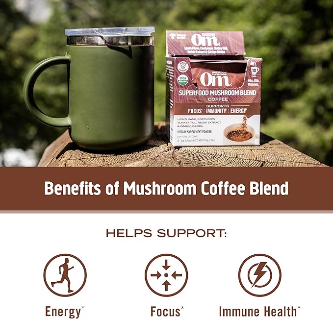OM MUSHROOM SUPERFOOD Coffee Blend – Organic Arabica with Lion’s Mane, Cordyceps, Reishi, Turkey Tail & Ginkgo Biloba – Supports Energy, Focus & Mental Clarity – Single Serve Pack (10 Count)