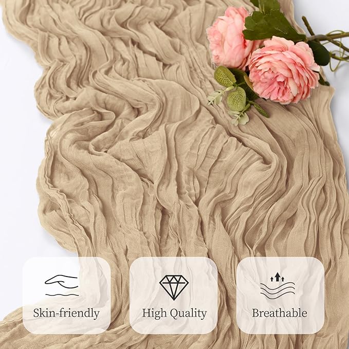 12 Pack Beige Cheesecloth Table Runner 17x108 Inch Semi Sheer Boho Gauze Cheese Cloth Fabric Table Runners, for Wedding Party Baby Shower Birthday Home Decor Garden Farmhouse