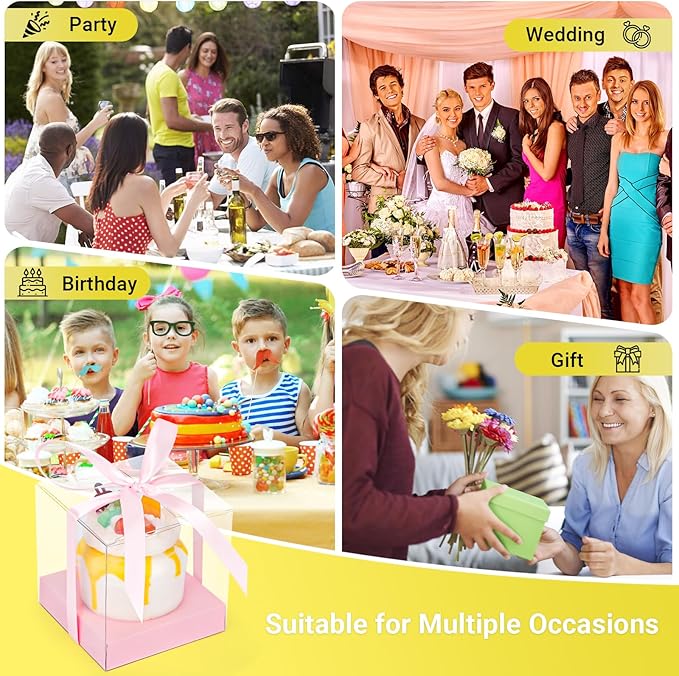 EUSOAR Cake Containers with Lids, 50pcs 3.5 Inch Plastic Clear Individual Single Cupcake Boxes Containers, Transparent Cupcake Holder Carrier with Ribbon and Inserts for Wedding Party bakery-Pink