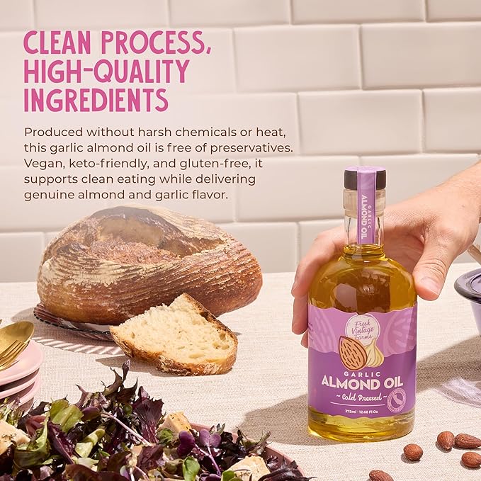 Fresh Vintage Farms 100% Cold Pressed Garlic Infused Oil | Wholesome & Nutritious Healthy Cooking Oil for Cooking, Baking, Grilling, Dipping, & Salads | Garlic Almond Oil - 12.68 Fl oz, Pack of 1