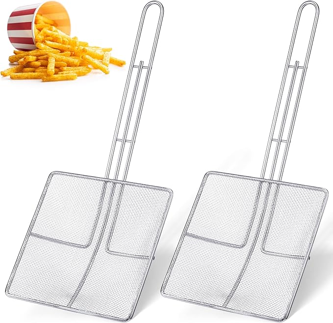 Mumufy 2 Pcs Square Fine Mesh Skimmer Spider Strainer Oil Skimmer for Deep Fryer Frying Scoop Stainless Steel Spider Strainer with Long Handle for Kitchen Swimming Pools Fried Food (6.7 x 6.7 Inch)
