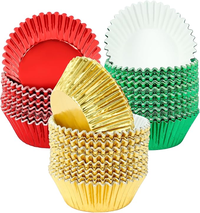 SANNIX 450Pcs Foil Cupcake Liners Christmas Metallic Cupcake Liners Muffin Baking Cups Christmas Cupcake Wrappers for Party Birthdays Baby Showers (Red, Green, Gold)