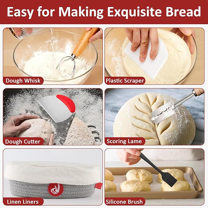 Sourdough Starter Kit,Sourdough Bread Baking Supplies with 2 pack Cotton Rope banneton bread proofing basket with handle,Baking Accessories,Sour Dough Tools,Baking Mat Dough Scraper & More
