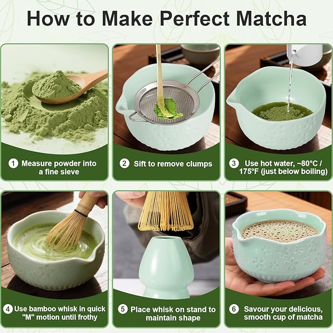 Matcha Set, 9 Pcs Ceramic Matcha Set Includes Bowl, Whisk and Holder, Bamboo Scoop, Scoop Rest, Sifter and Tea Towel ect- Complete Kit for Traditional Matcha, Modern Lattes (Green)