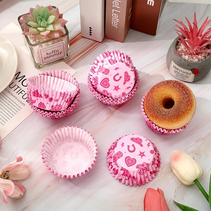 300 Pcs Western Cowgirl Cupcake Liner Paper Baking Cups Pink Horse Disco Ball Muffin Liner Cake Storage Container for Rodeo Bachelorette Party Birthday DIY Crafts Supplies, 2 x 1.2 Inch
