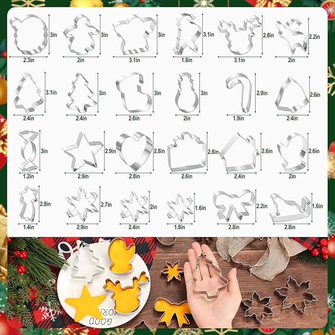 Lezmarket 24Pcs Christmas Cookie Cutters Set, Stainless Steel Metal Winter Holiday Cookie Cutter Christmas Shapes - Snowman, Christmas Tree, Gingerbread, Snowflake, Angel, Bells, Santa Claus, Candy